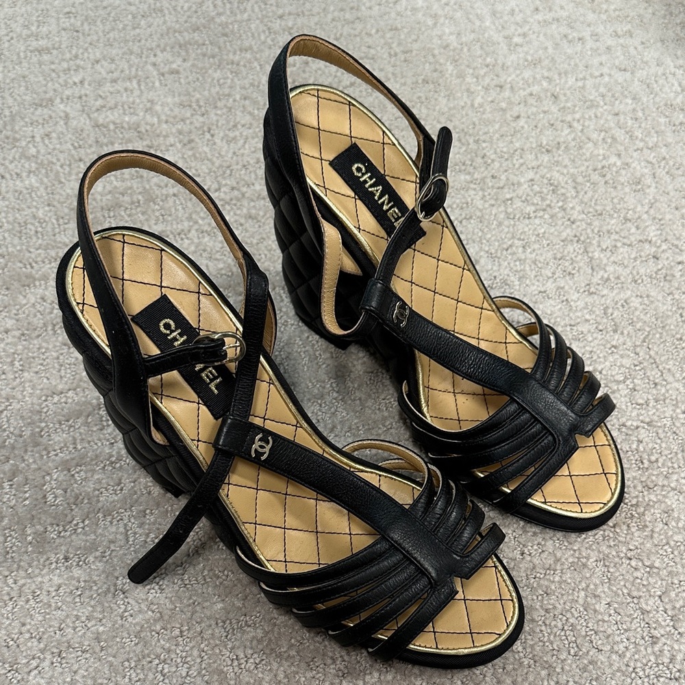 Chanel Black Strappy Wedge Sandals